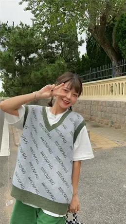 红续马甲女2023春装新款外搭针织衫V领字母背心套头衫复古vintage图片