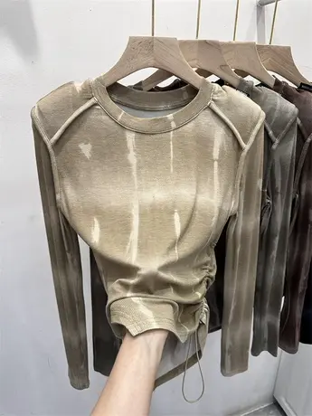 欧货美式复古晕染垫肩抽绳打底衫女上衣设计感别致长袖t恤早秋潮图片