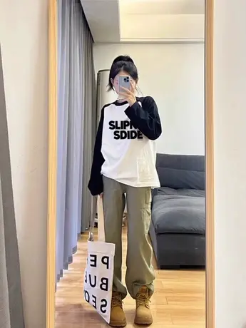 早秋拼接插肩袖T恤女宽松大码胖mm内搭打底衫长袖小众设计感上衣商品大图