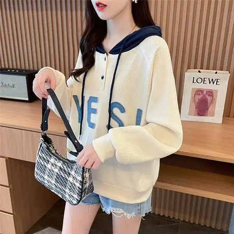 早秋连帽卫衣女春秋韩版宽松大码慵懒风薄款撞色小个子华夫格外套商品大图