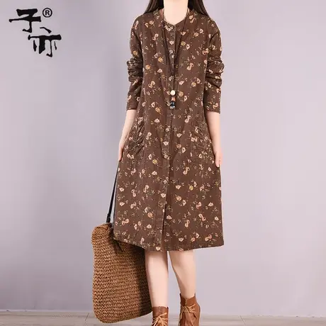子亦春秋新款衬衫 印花休闲中长款单排扣宽松长袖衬衫裙图片