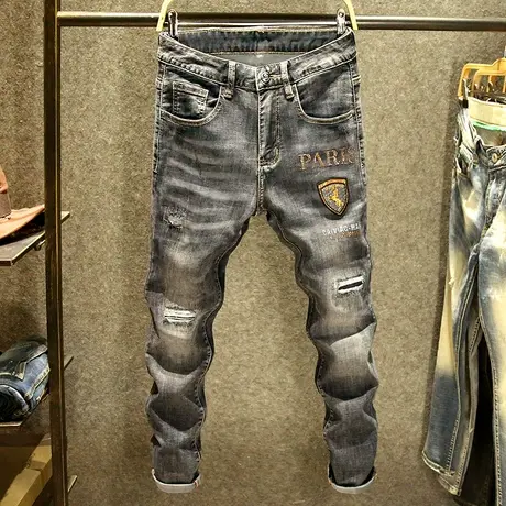 潮牌破洞牛仔裤男刺绣修身小脚裤重工水洗字母烫钻青年复古长裤子商品大图