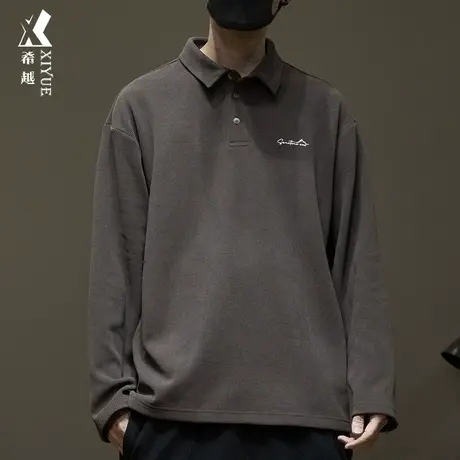 华夫格POLO衫男2023秋冬新款宽松大码潮牌刺绣长袖卫衣咖色男装潮商品大图