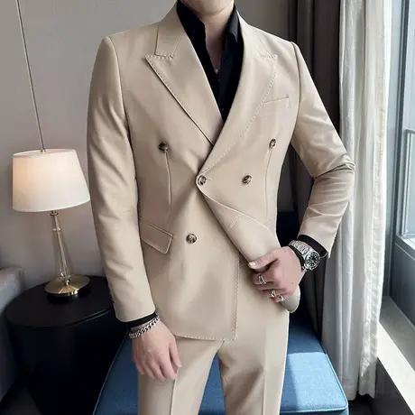 意式戗驳领双排扣西装男垂感外套潮流痞帅商务通勤新郎西服两件套图片