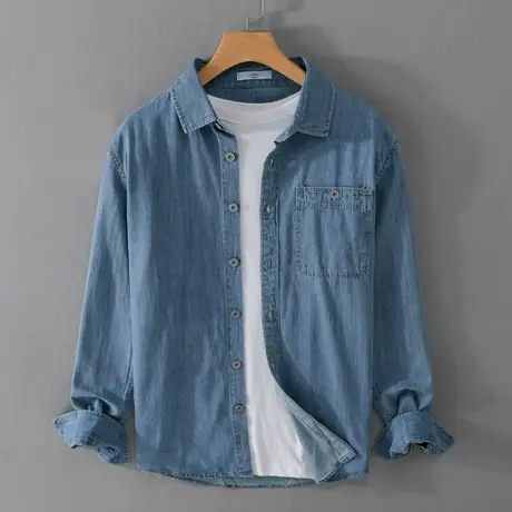 休闲衬衫男宽松春秋牛仔长袖蓝色衬衣男生纯棉上衣男士新款外套潮图片