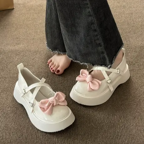 日系甜酷蝴蝶结松糕鞋子jk小皮鞋女2023新款秋季厚底增高玛丽珍鞋商品大图
