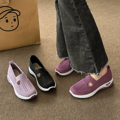 春夏季新款浅口妈妈鞋软底防滑一脚蹬飞织透气女鞋夏季老北京布鞋商品大图