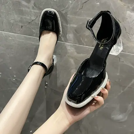 包头凉鞋女夏2022新款高级感水晶粗跟韩版水钻包跟一字带高跟鞋女商品大图