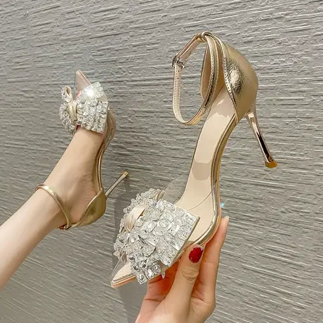 高跟鞋女细跟2024夏季新款蝴蝶结水钻尖头一字扣带凉鞋性感宴会鞋商品大图