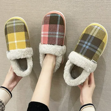 格子棉拖鞋女包跟可爱毛绒加厚保暖情侣居家用室内防滑棉鞋男秋冬商品大图