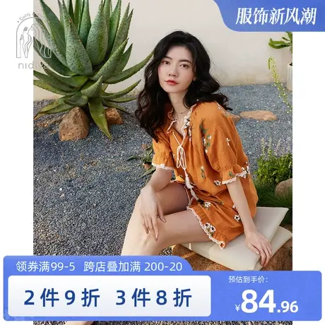 妮狄娅睡衣女夏季纯棉纱布时尚套头夏天短裤休闲田园风家居服套装商品大图