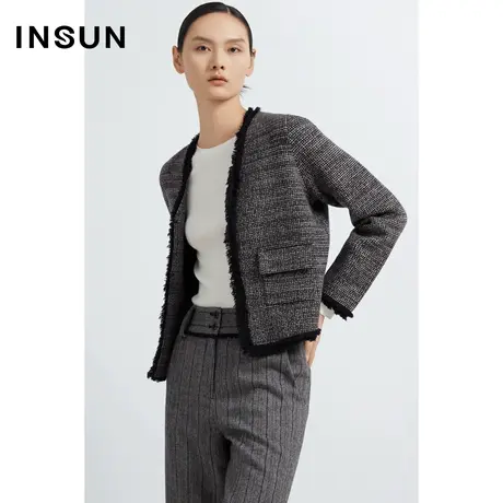 INSUN恩裳奥莱秋季三色提花毛边针织衫开衫商品大图