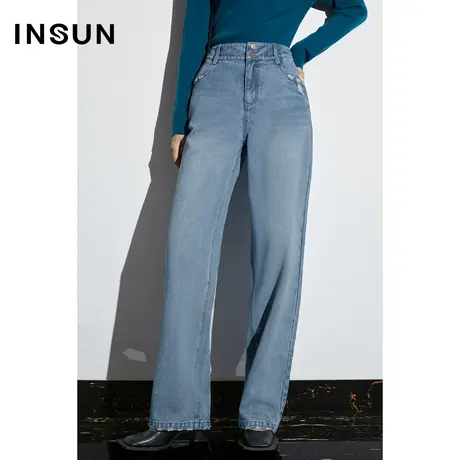 恩裳2023年早春新款复古中腰两粒扣开叉微喇微弹显瘦牛仔裤商品大图