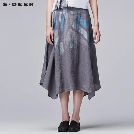 sdeer圣迪奥2019夏深浅蓝调漆印A廓不规则大摆亚麻长裙S17281172图片