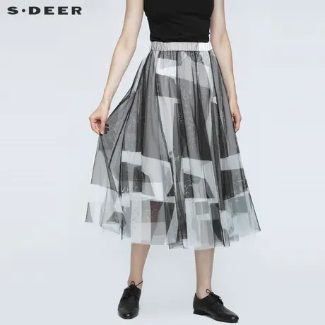 sdeer圣迪奥夏装休闲松紧撞色印花网纱拼接长裙S21261113图片