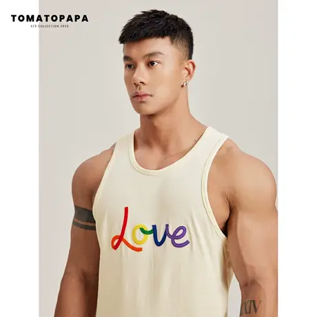 TOMATOPAPA夏季背心新款毛巾绣花彩虹字母训练健身透气排汗上衣男商品大图