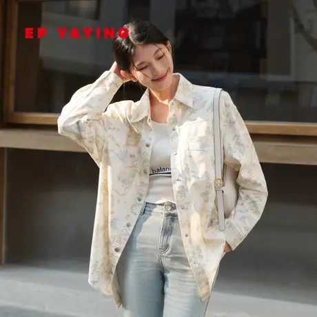EP YAYING雅莹女装 国风印花廓形牛仔衬衫外套 2023新款J201A商品大图