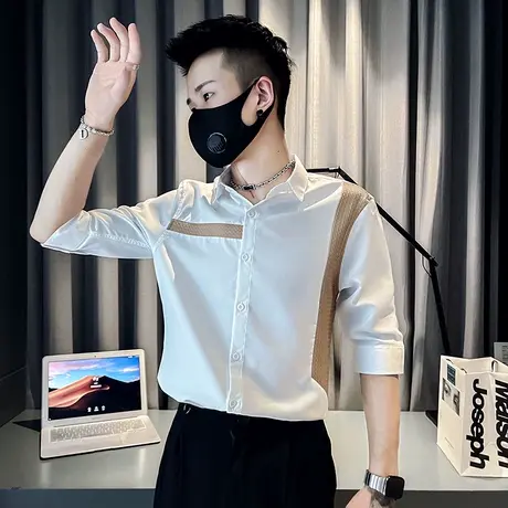 短袖衬衫男夏季薄款七分袖衬衣2023新款修身潮流男装时尚半袖休闲商品大图