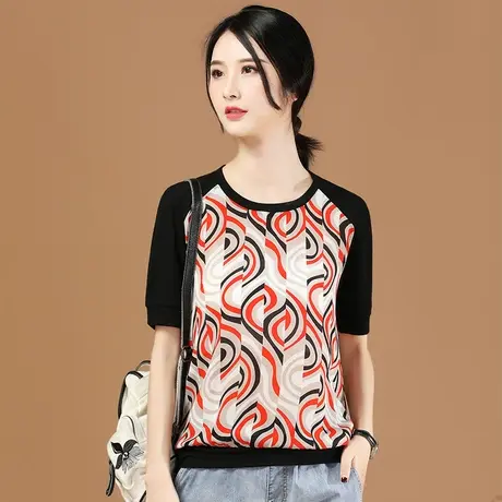 韩潮袭人雪纺衫宽松显瘦2021夏装新款印花短袖t恤雪纺拼纱上衣图片