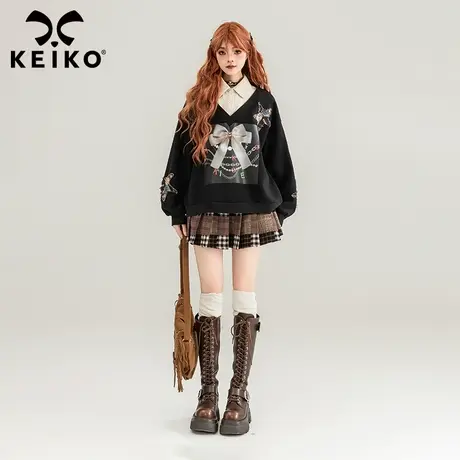 KEIKO [加密绒] 蝴蝶结印花假两件卫衣2025早春设计感polo领外套商品大图