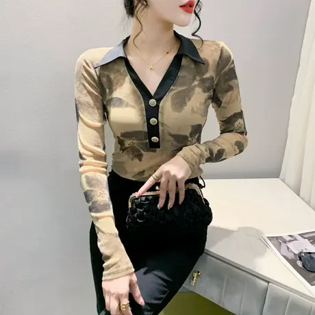 春装2024新款T恤网纱印花拼接镂空上衣女洋气内塔修身长袖打底衫商品大图