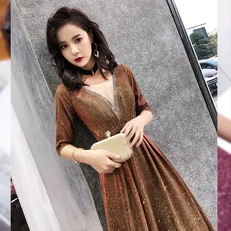 气质晚礼服裙女2023新款名媛高端大气优雅宴会年会主持人咖啡色商品大图