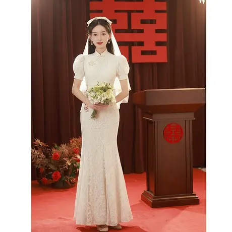 领证登记白色旗袍晚礼服2023年新款女夏订婚气质少女蕾丝鱼尾长裙商品大图