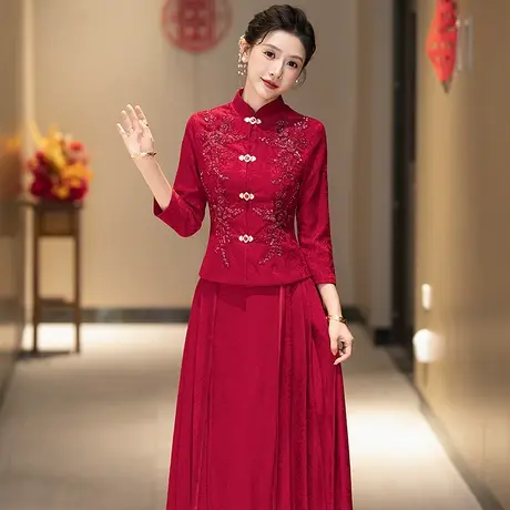 旗袍晚礼服年轻喜婆婆婚宴装两件套高贵洋气中年妈妈装婚礼服春秋图片