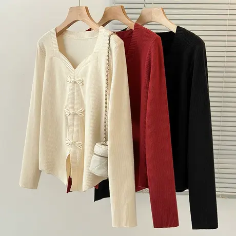 2024年春季新款女装时尚大码毛衣胖mm长袖V领针织蝴蝶结扣上衣女商品大图