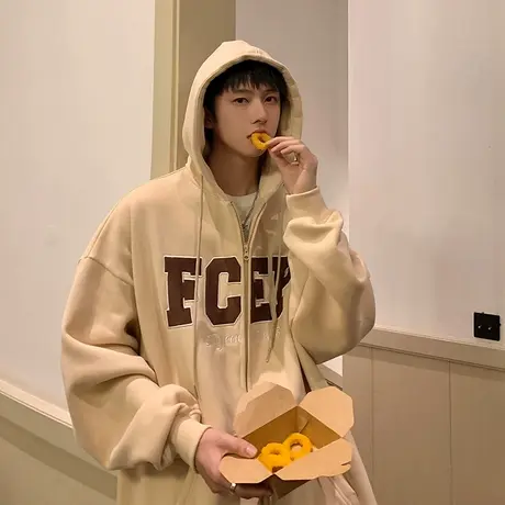 潮流美式连帽字母刺绣高街复古开衫情侣卫衣男女秋冬新款宽松外套商品大图