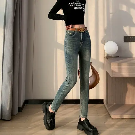 复古小脚牛仔裤女2024年新款春秋高腰修身显瘦胖MM大码紧身铅笔裤图片