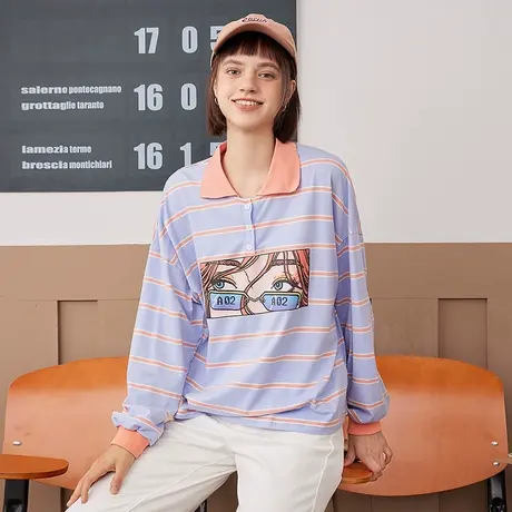 a022024春季新款港风个性印花设计条纹Polo领上衣女式卫衣图片