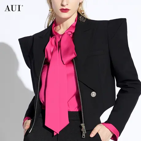 AUI美式黑色御姐气质炸街短外套女2024春新款设计感小众上衣夹克商品大图