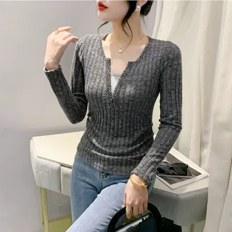 设计感钉珠V领褶皱上衣女洋气减龄针织衫镂空拼接长袖修身T恤小衫图片