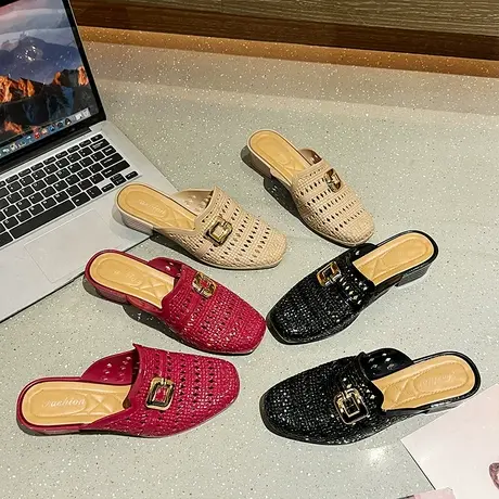 拖鞋女外穿夏季2024年新款时尚简约百搭韩式高级感粗跟包头半拖鞋商品大图