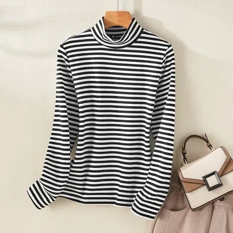 真维斯Z+女装 高领长袖T恤内搭条纹打底衫简约百搭修身针织上衣X图片