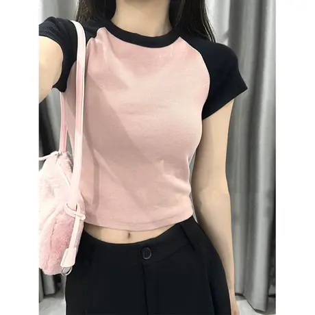 短款拼色插肩短袖T恤女夏季洋气减龄韩版修身打底衫辣妹正肩上衣商品大图