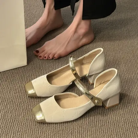 方头百搭增高网红超火凉鞋女夏外穿2024年新款浅口粗跟复古高跟鞋图片