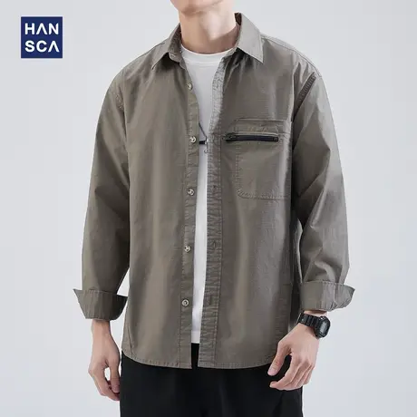hansca衬衫男长袖春季新款日系复古潮流宽松大码纯色痞帅工装外套商品大图