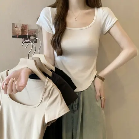 方领正肩短袖T恤女夏天韩版洋气修身显瘦短款弧形下摆半袖上衣服商品大图