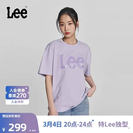 Lee商场同款24春夏新品舒适男友风圆领大Logo啫喱印花女短袖T恤图片