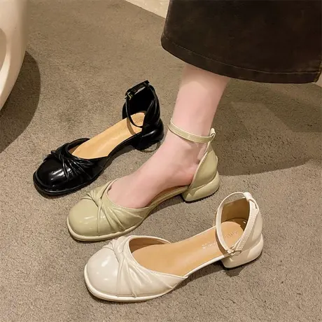 法式粗跟玛丽珍鞋女2024年春夏季新款小低跟通勤配裙子浅口单鞋潮商品大图