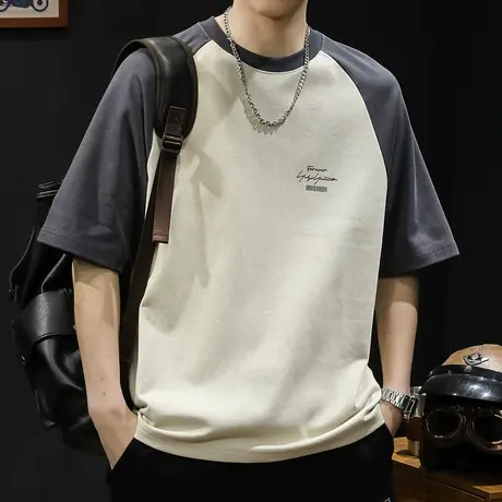 插肩袖拼色短袖t恤男士宽松大码夏季2024新款男款重磅男装体恤潮图片