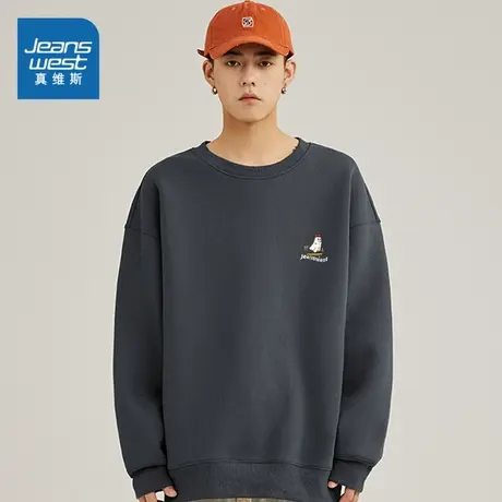 JR真维斯男装2024春季新款圆领复古印花套头衫卫衣男士长袖衣服男商品大图