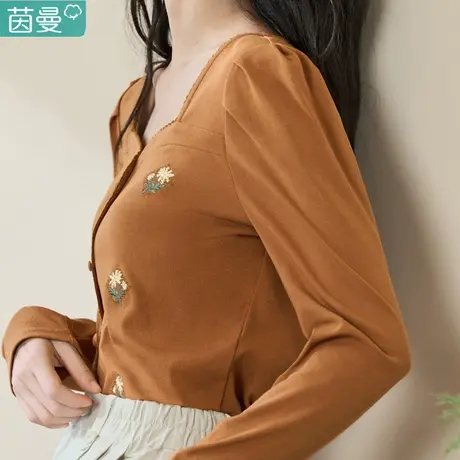 茵曼官方旗舰店法式长袖T恤女士2024年新款春秋季修身打底衫上衣图片