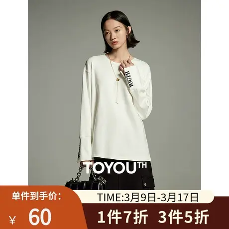 TOYOUTH初语大圆领休闲长袖T恤女2023秋季新款袖口开衩设计感上衣商品大图