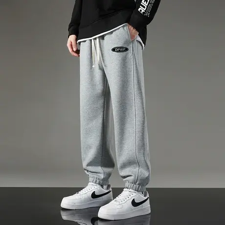 休闲长裤子男秋冬款加绒运动裤宽松九分抽绳小脚束脚灰色卫裤百搭商品大图