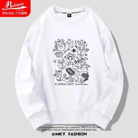 个性趣味涂鸦猫狗兔印花潮流圆领卫衣男春秋季白色宽松简约长袖衫商品大图