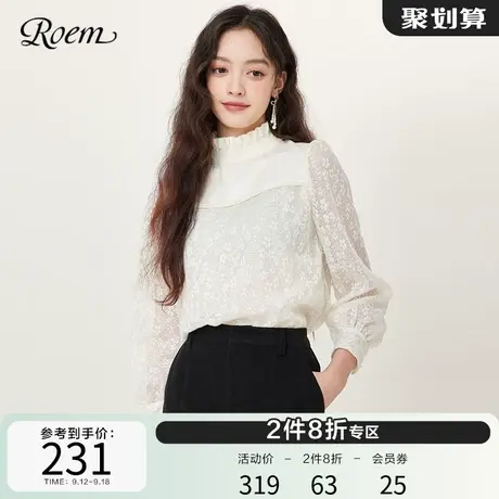 Roem秋新品蕾丝长袖T恤时尚内搭花边半高领套头衬衫女上衣商品大图