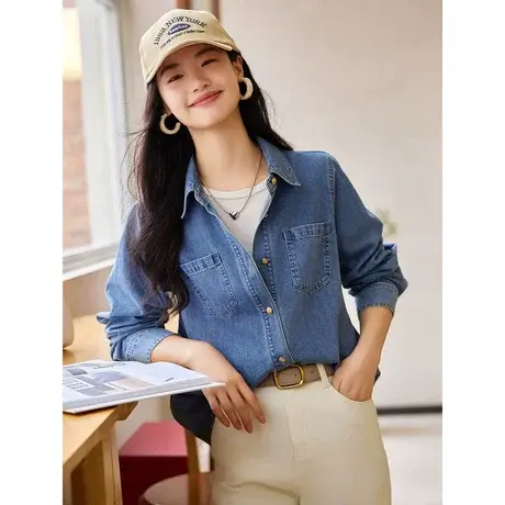 时尚气质百搭牛仔长袖衬衫女士2023年秋季新款通勤休闲上班族外套商品大图